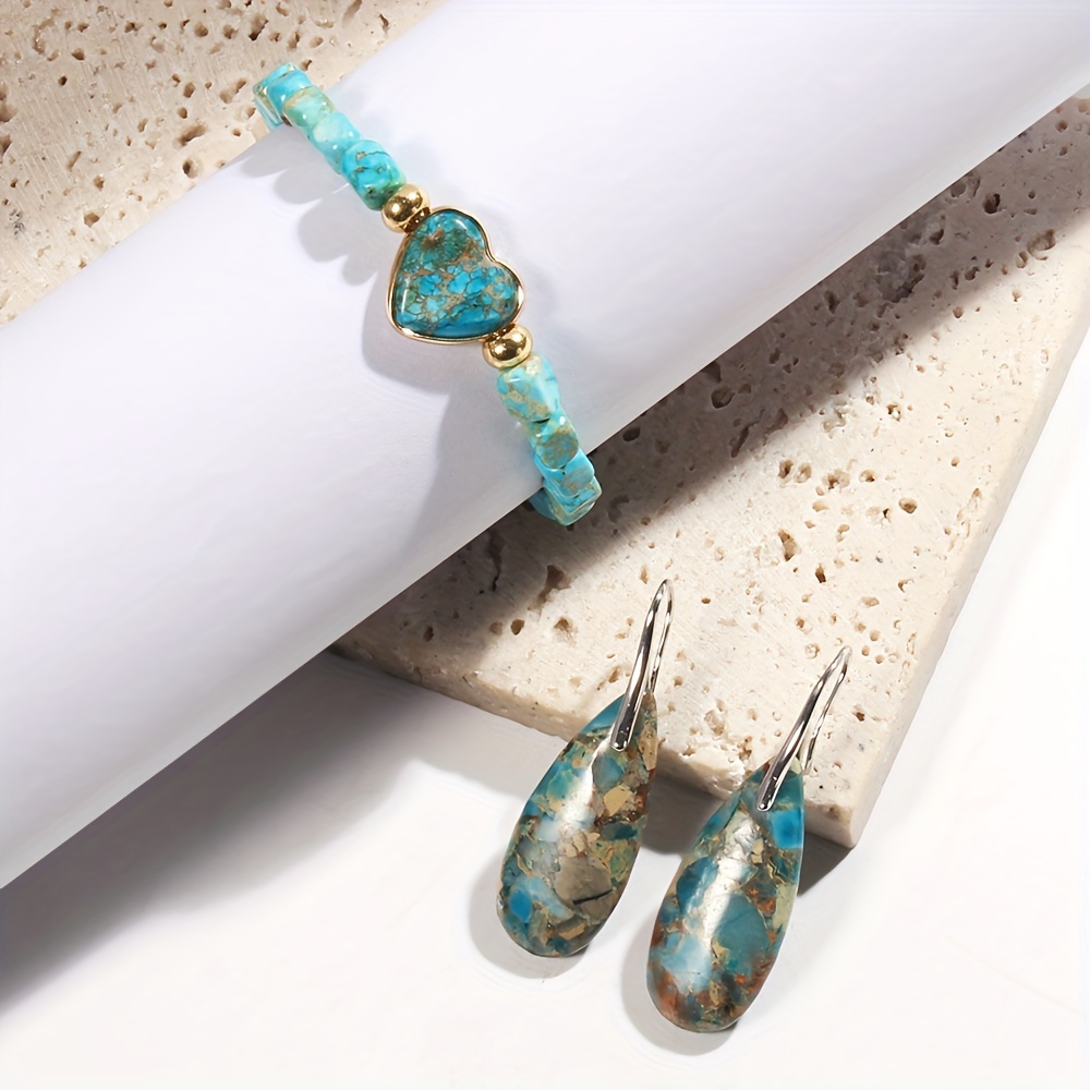 Boho Stone Beaded Jewelry Set Heart Teardrop Earrings Bracelet Gift for Mother